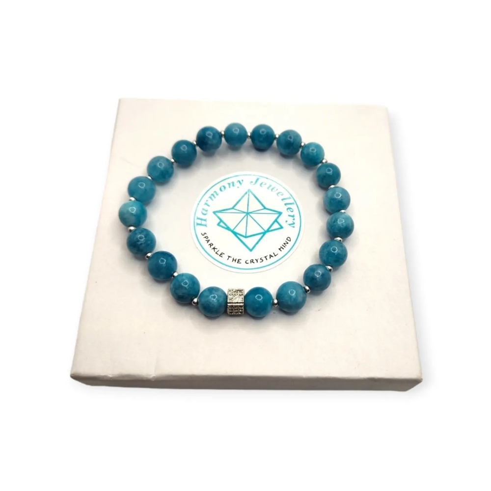 Aquamarine Quartz, Zirconia charm bracelet 8 mm